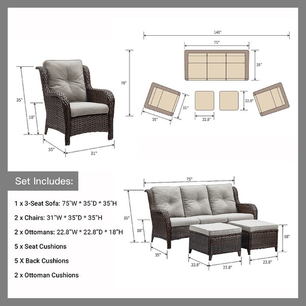 Pocassy 5Piece Patio Furniture Set with Ottomans