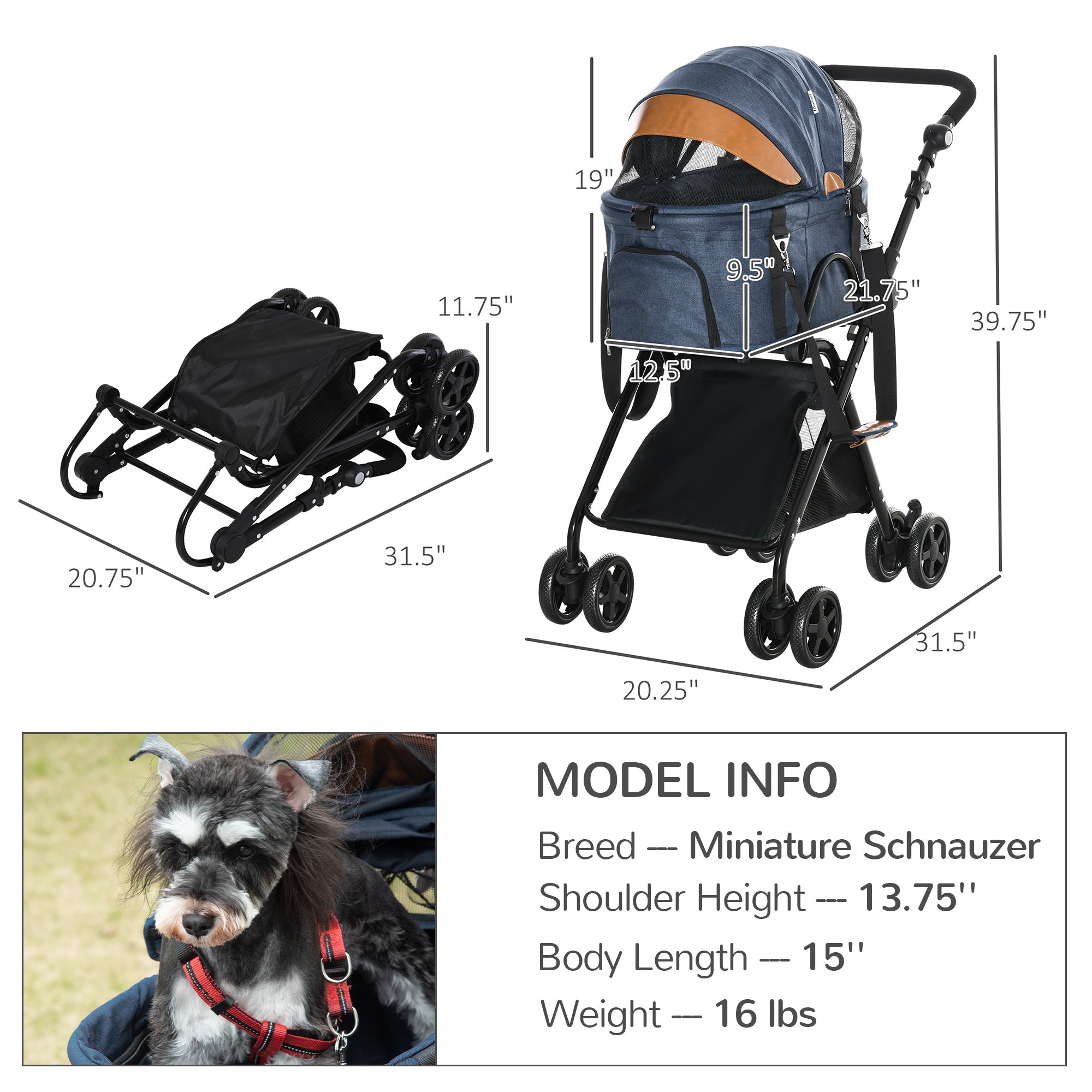 PawHut Luxury Folding Pet Stroller Dog/Cat Travel Carriage 2 In 1 Design， Black