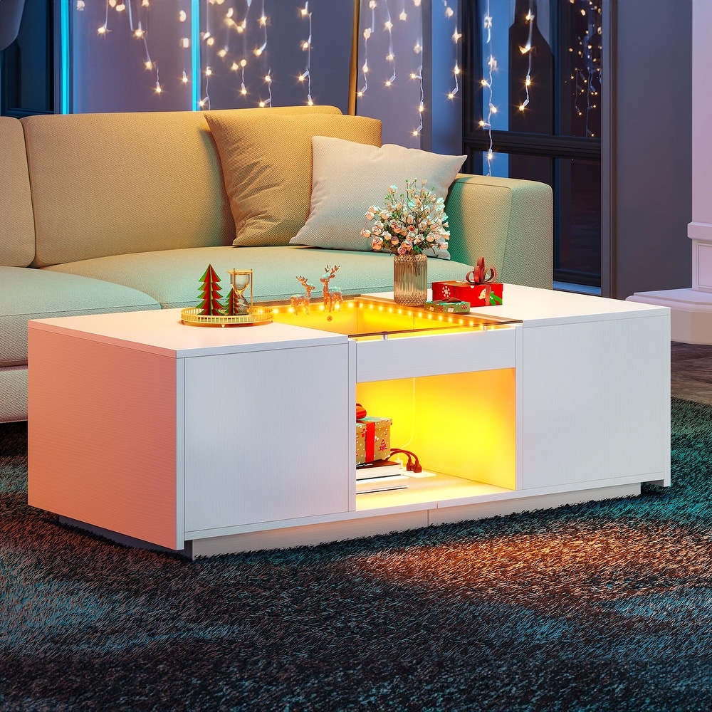 Modern Wood Coffee Table with Storage Drawers and LED Lighting