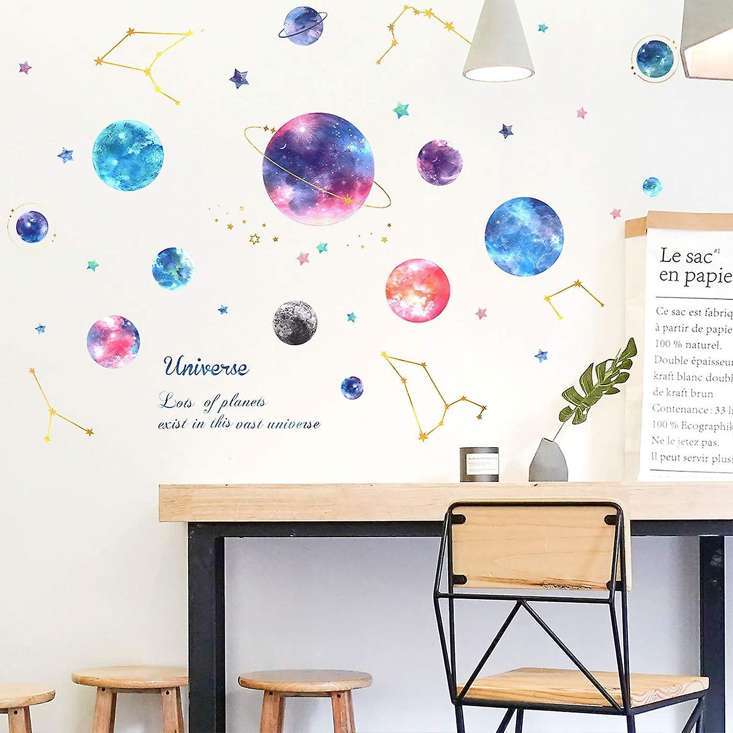 Planets In The Space Kids Wall Stickers Watercolor Space Planet Star Constellation Wall Decals， Peel And Stick Removable Diy Solar System Stickers Nur