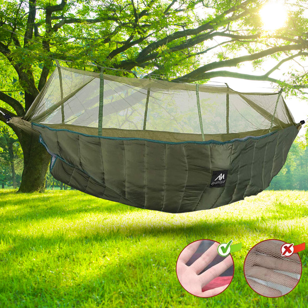 Double Camping Hammock With Mosquito Net+Supersized Underquilt of Hammock,Mesh And Hammock Closed Connection,Warm Blanket Bottom Insulation.Portable For Camping，Hiking Backpacking Travel