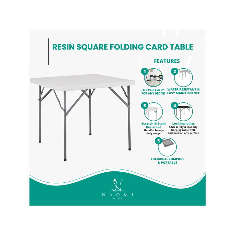 Folding Table Resin Square Folding Card Table Multipurpose Foldable Table Plastic Table Collapsible Square Fold Up Table for Indoor Kitchen Dining Room Outdoor Camping Picnic - White， 33.86 x 33.86 in