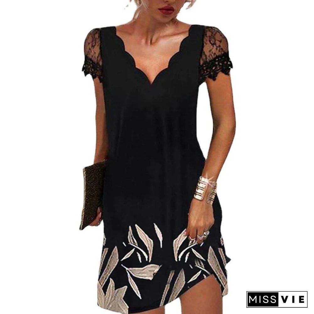 Summer Women's Casual Short Sleeve Dress Mesh Positioning Printed Lace V-Neck Beach Dress