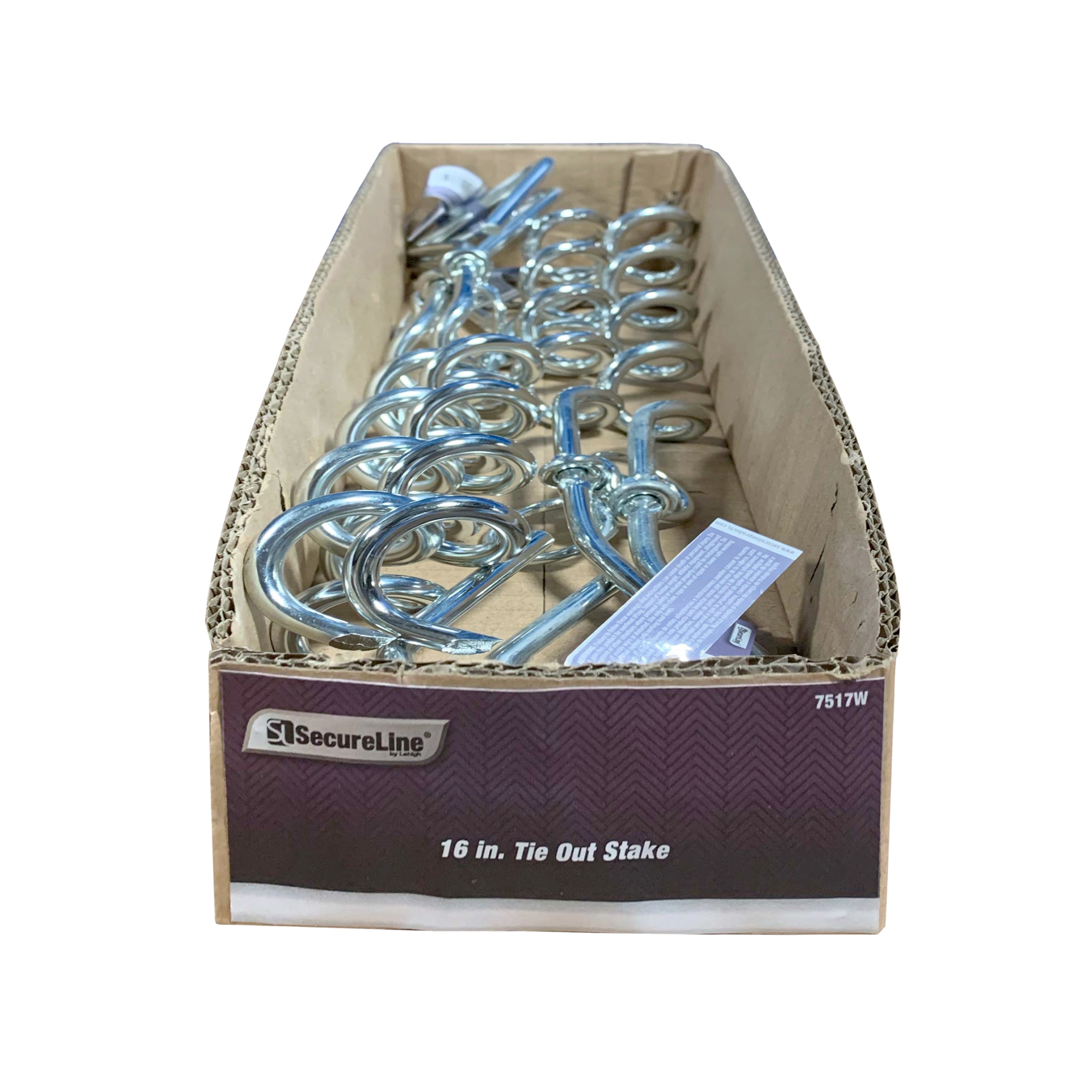 Secureline Item# 7517W, Spiral Tie Out Stake, Zinc Plated, 16", 1 Each, Hardware.  Tie out pets.  Easy to use just twist into the ground.  Swivel ring to secure pet lead.