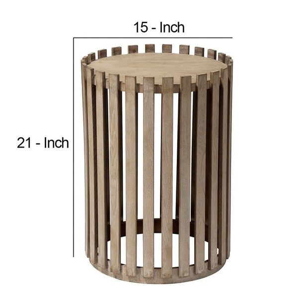 Side Table with Slatted Design Drum Silhouette， Washed brown - 15 L x 15 W x 21 H