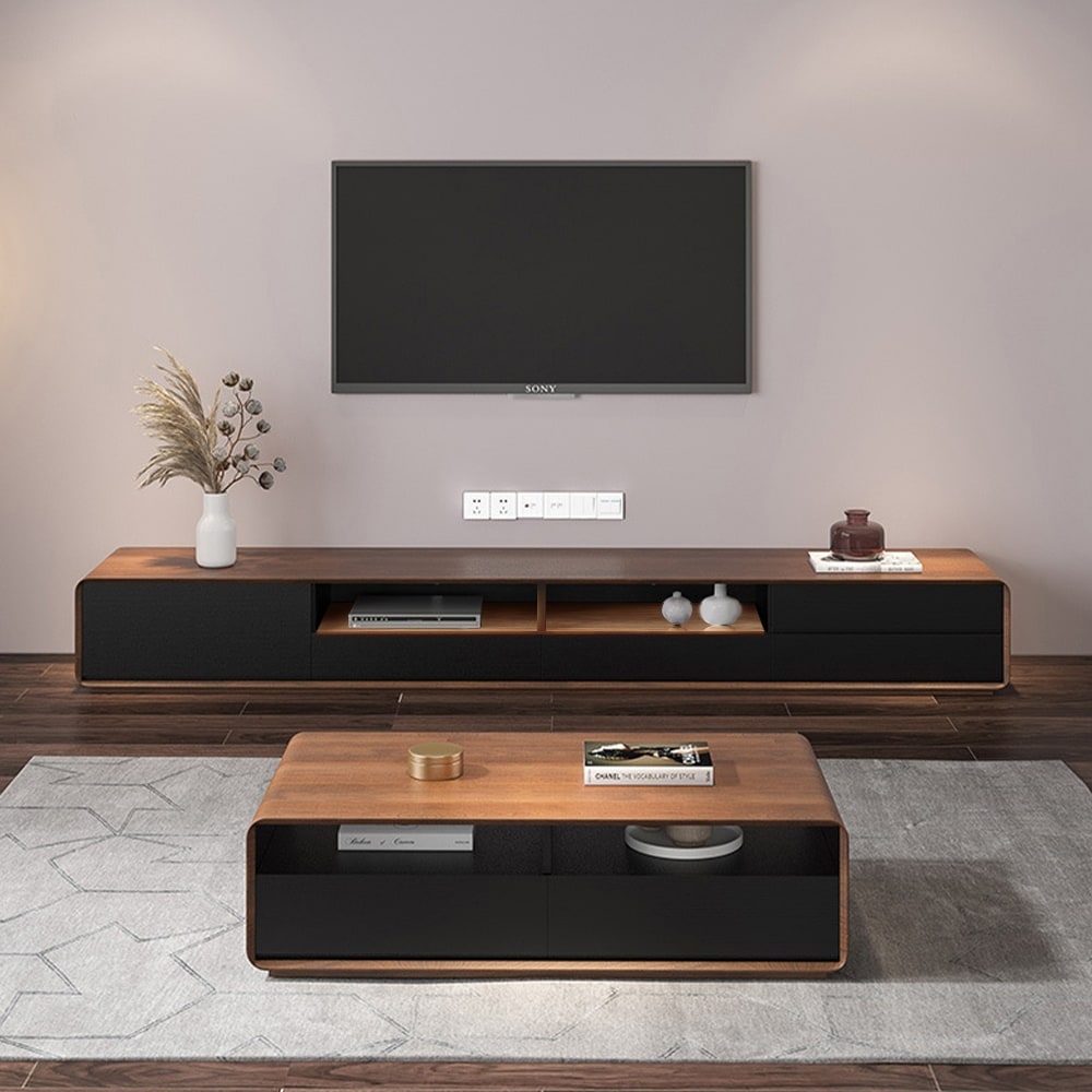 Modern Wood TV Stand  Lowline Media Console with 4 Drawers  Open Storage Cabinet  Walnut Veneer  Fully assembled