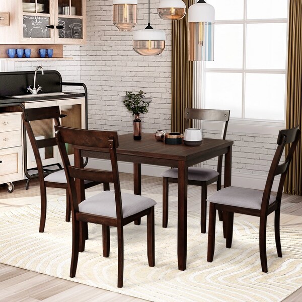 Wood 5 Piece Dining Table Set with cushions， Light Gray