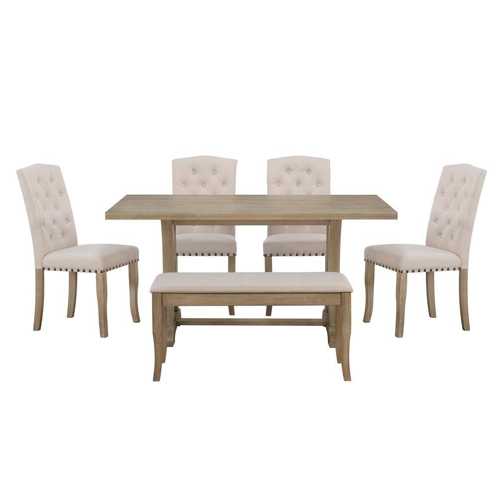 Harper  Bright Designs Farmhouse 6-Piece Natural Wood Wash Rectangular MDF Top Dining Table Set Seats-6 with 4-Upholstered Chairs and Bench XW061AAD