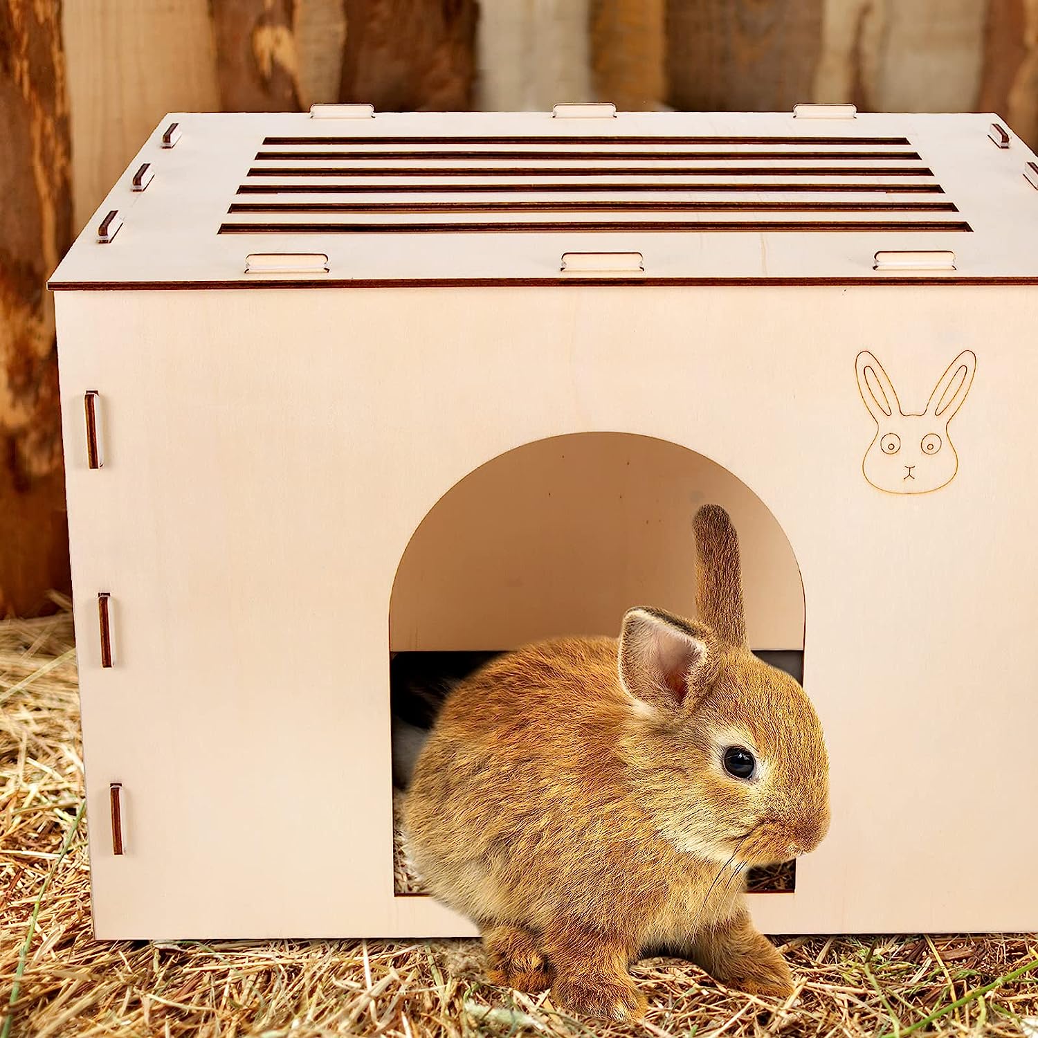 2023 New Style Wood Rabbit Hutch Indoor，Wood Rabbit Houses and Hideouts， Wooden Rabbit Castle Bunny Hideout for Indoor Bunnies Chinchilla， Hamsters and Guinea Pigs Hut to Hide