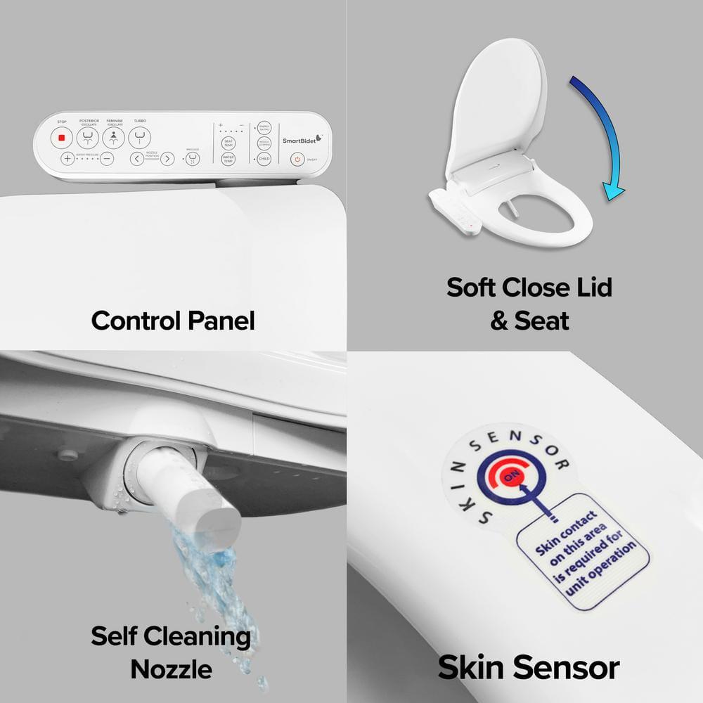 SmartBidet Electric Bidet Seat for Elongated Toilets with Control Panel Massage Wash Child Wash Heated Water and Seat in White