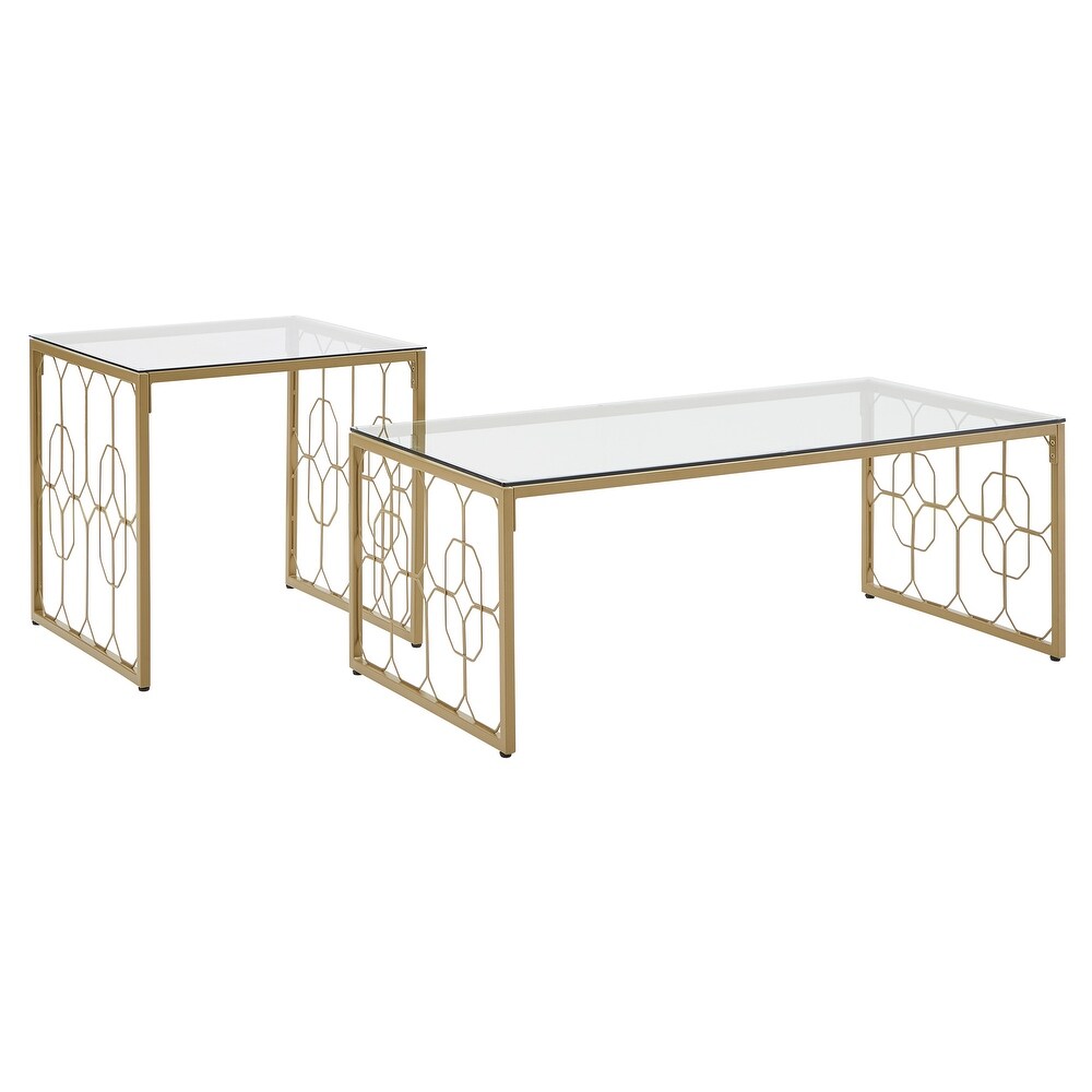 Elle Octagon Pattern Gold Metal and Glass Table by iNSPIRE Q Bold