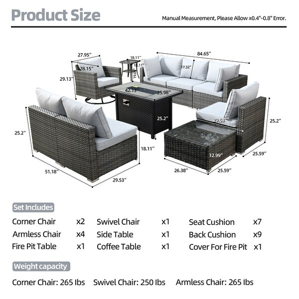 HOOOWOOO 10piece Patio Wicker Furniture Sectional Sofa Set Swivel Rocker with Fire Pit Table