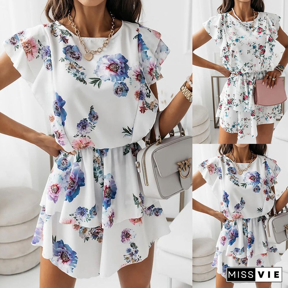 Women Beach Mini Dress Summer Bohemian Casual Loose Floral Print Cocktail Beach Short Dress Sundress Rope