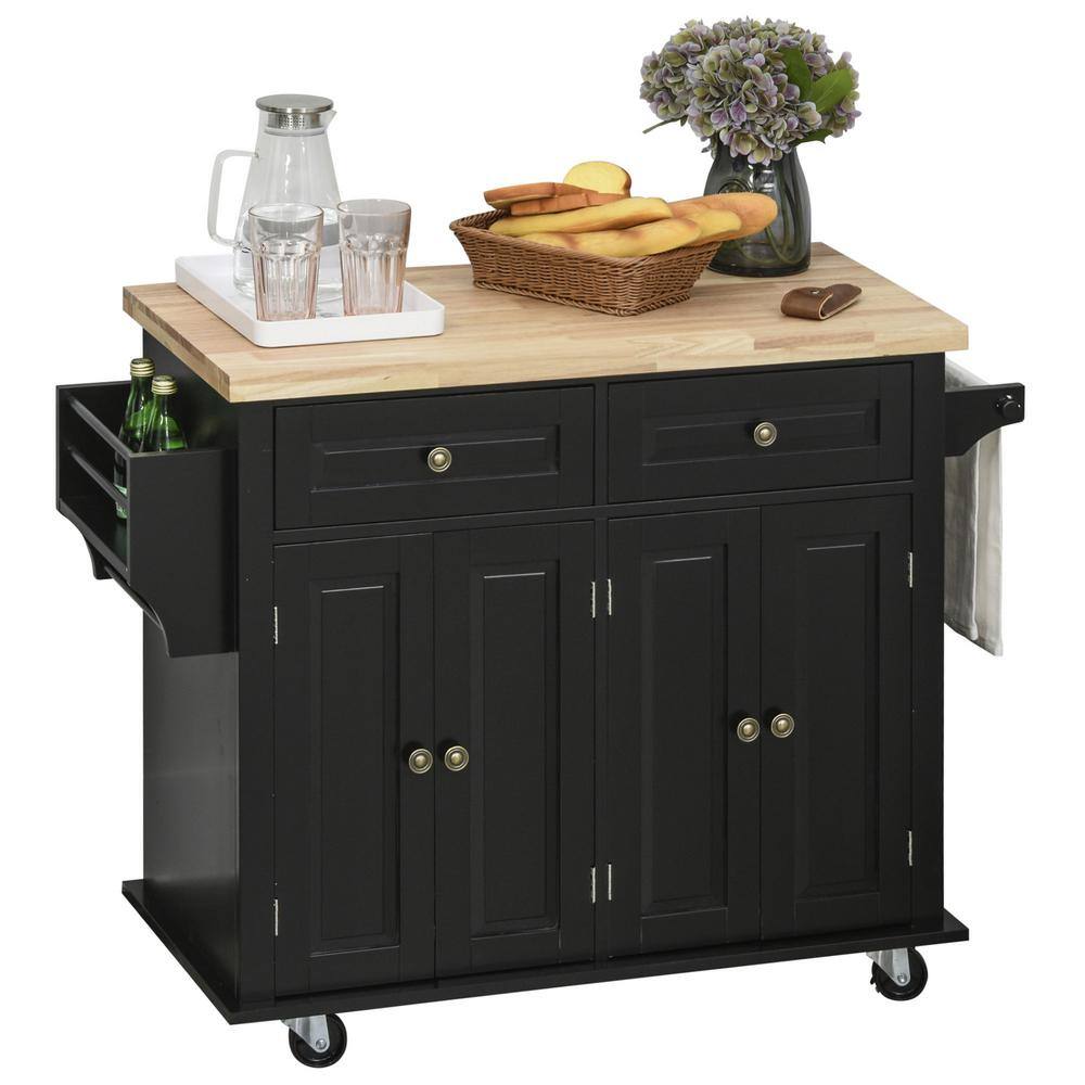 HOMCOM Rolling Black Kitchen Island Cart on Wheels with Rubber Wood Top Spice Rack Towel Rack and Drawers for Dining Room 801-161BK