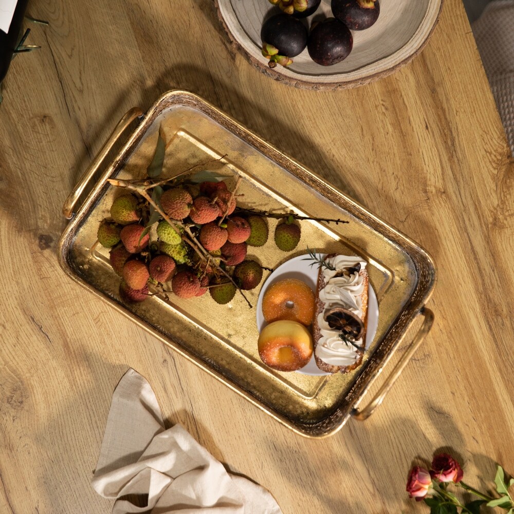Metal Gold Rectangular Serving Tray with Oval Design and Handles