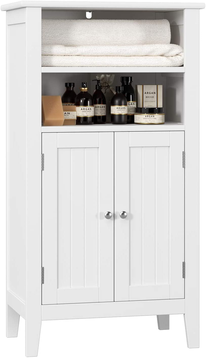 Homfa 2 Tier Shelves Bathroom Storage Cabinet, Wood Storage Floor Cabinet with 2 Doors, White