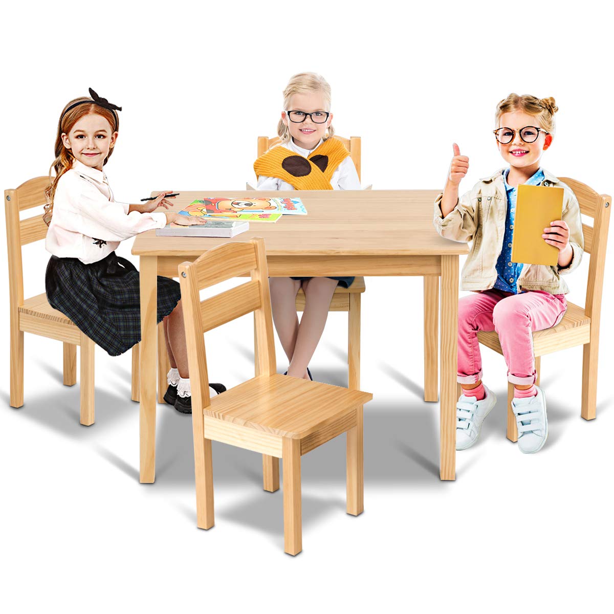 Costzon Kids Table and Chair Set, 5 Piece Wood Activity Table & Chairs (Natural)