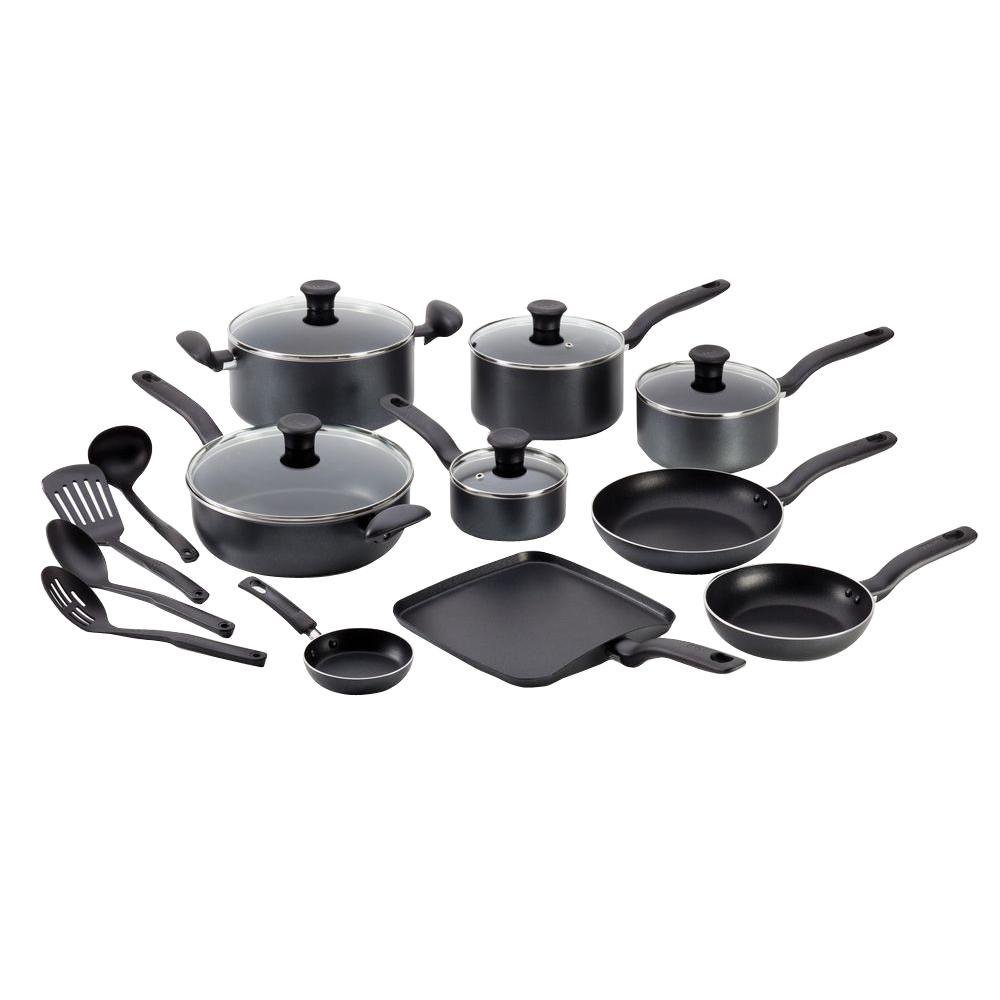 T-Fal Initiatives 18 Piece Non-stick Dishwasher Safe Cookware Set， Gray