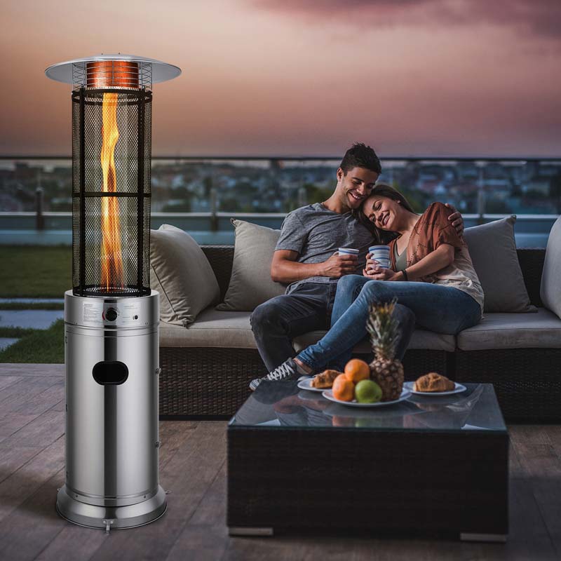 34,000BTU Standing Propane Patio Heater with Wheels, Stainless Steel Round Glass Tube Gas Outdoor Heater