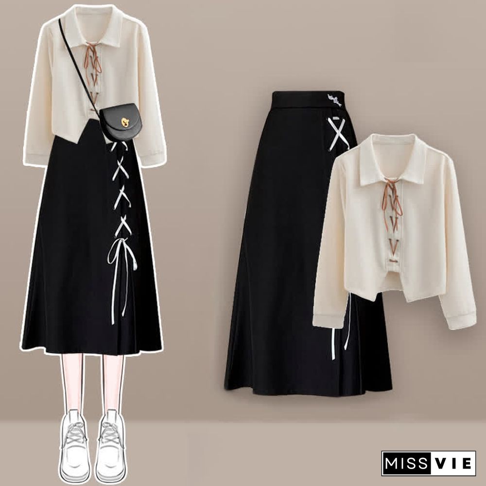 Chic Lace Up Lapel Shirt A-line Skirt Two Pieces Set