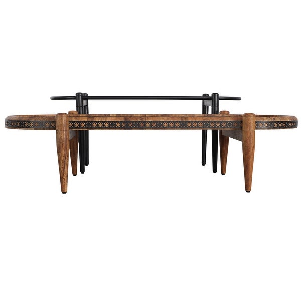 50， 39 Inch 2 Piece Oval Acacia Wood and Metal Nesting Coffee Table Set， Brown and Black