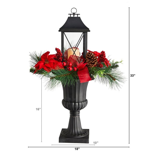 Nearly Natural 33-in Holiday Christmas Berries And Poinsettia With Large Lantern And Included Led Candle Set In A Decorative Urn Porch Decor