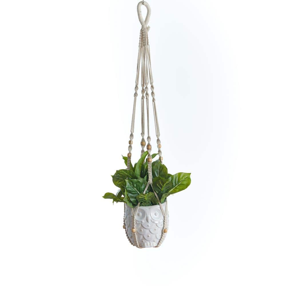 Primitive Planters 42 in. Off White Woven Cotton No Tassel Woven Plant Hanger 9529