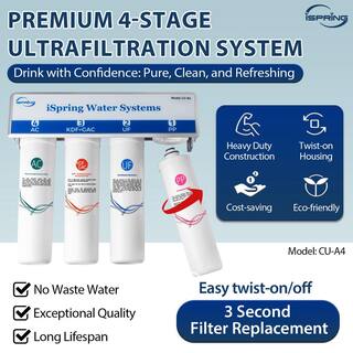 ISPRING 4-Stage 0.1 Micron Ultra-Filtration Under Sink  Inline Water Filtration System with No-Pressure Chrome Faucet CU-A4