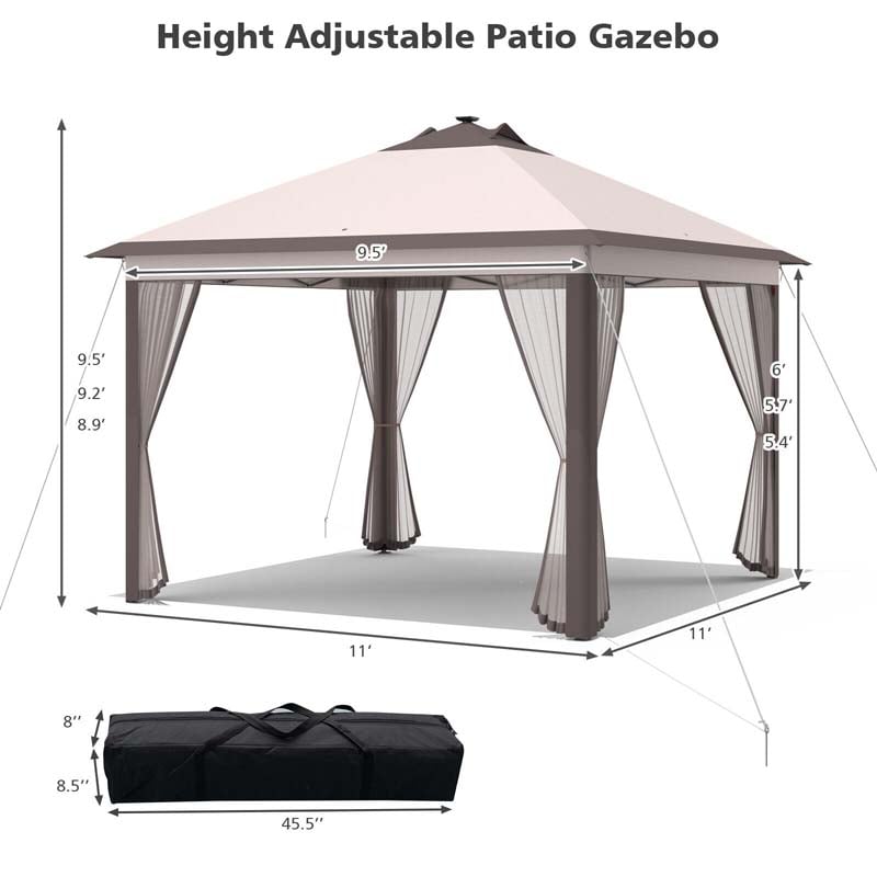 11 x 11 FT Pop-Up Gazebo Tent Portable Canopy Shelter with Carry Bag & Mesh Netting & LED Lights