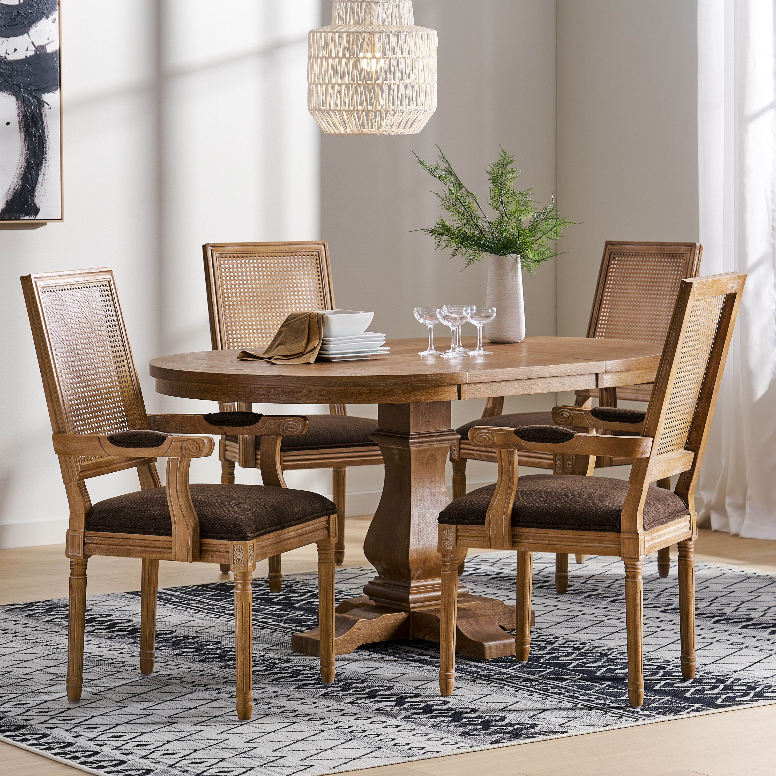 Zentner French Country Fabric Upholstered Wood and Cane 5 Piece Expandable Dining Set