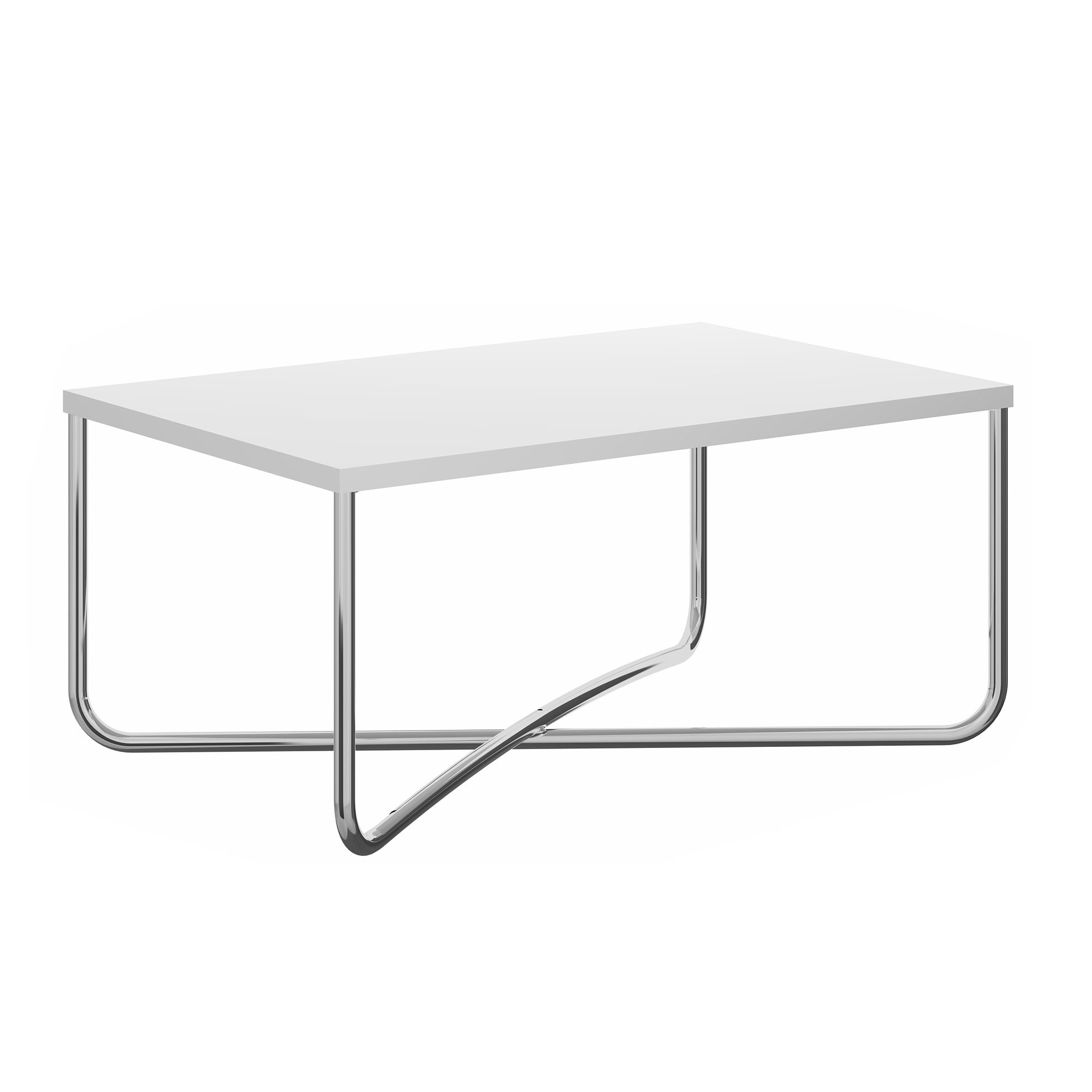 35 Inch Modern Coffee Table with Rectangular Top and Steel Cross Base for iving Room， Home， Office， White， Chrome