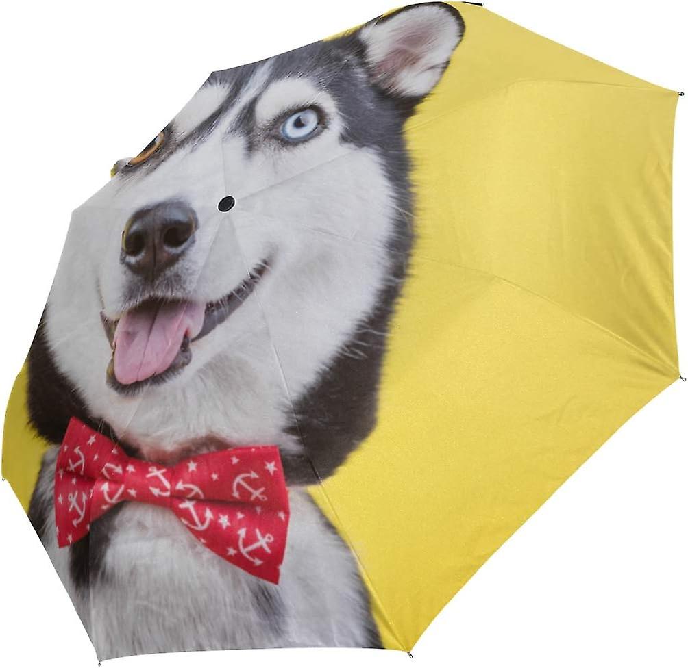 Travel Umbrella Automatic Windproof Foldable Umbrella Funny Husky Dog With Red Butterfly