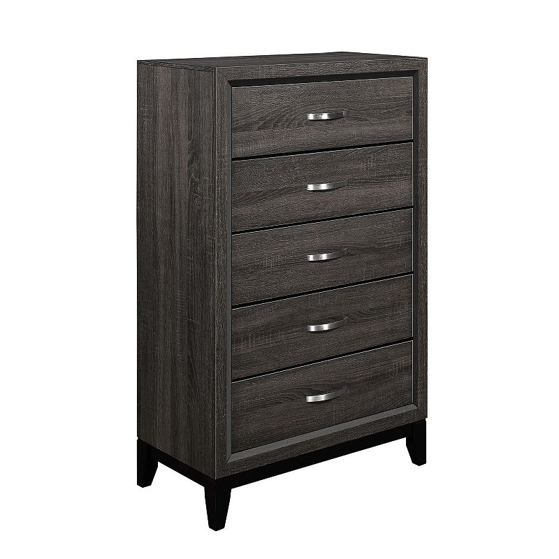 5 Drawer Wooden Chest with Grain Details and Chamfered Feet， Gray