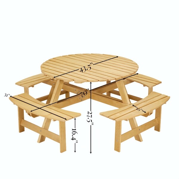 Outdoor 8 Person Round Picnic Table with Bench，Umbrella Hole for Garden，Backyard，Porch，Patio