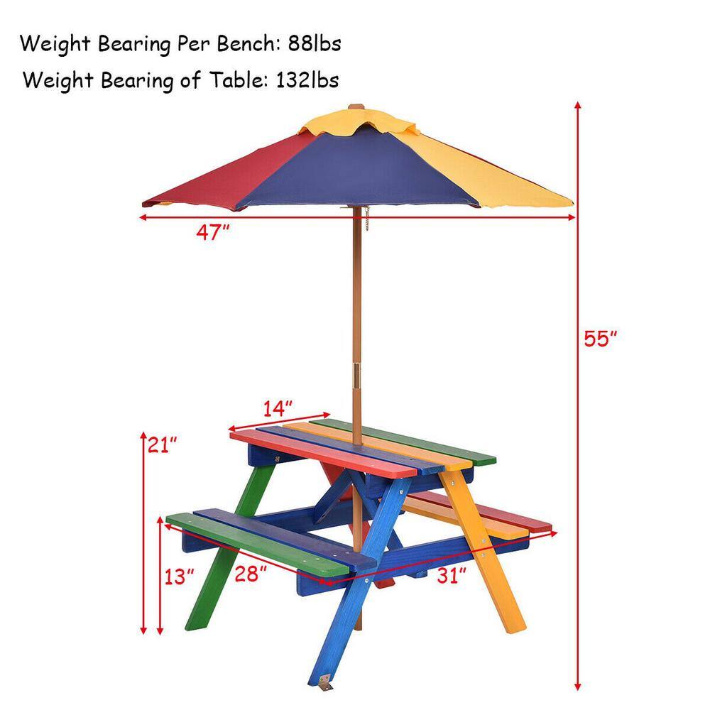 Rectangular Wood Kids Picnic Table with Bench and Umbrella (4-Seat) HYO62