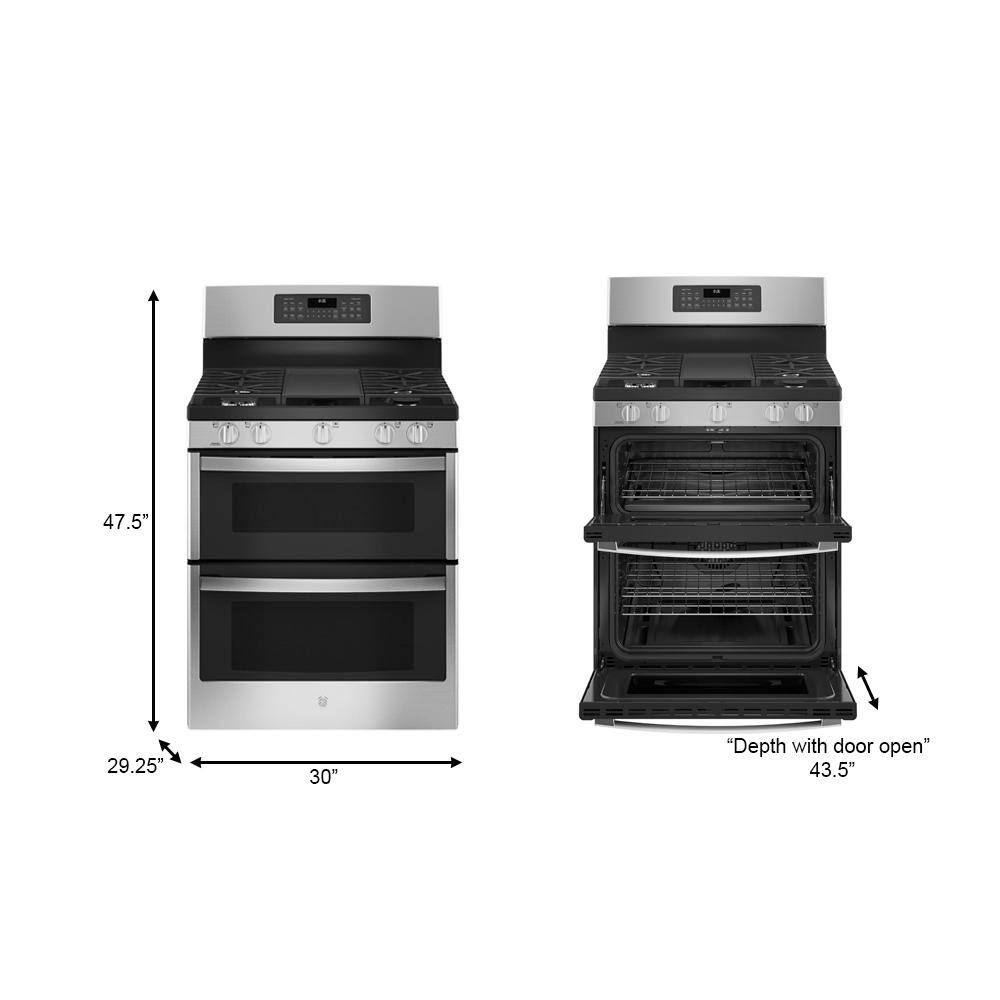 GE 30 in. 6.8 cu. ft. Freestanding Double Oven Gas Range in Stainless Steel with Convection and Air Fry JGBS86SPSS