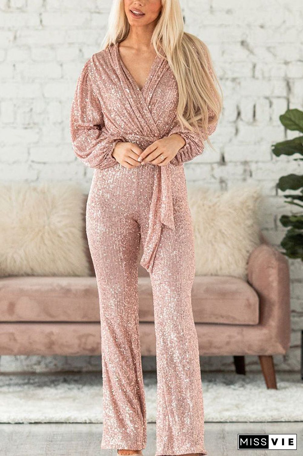 Sequin Draped Belted Puff Sleeve Wide Leg Jumpsuit