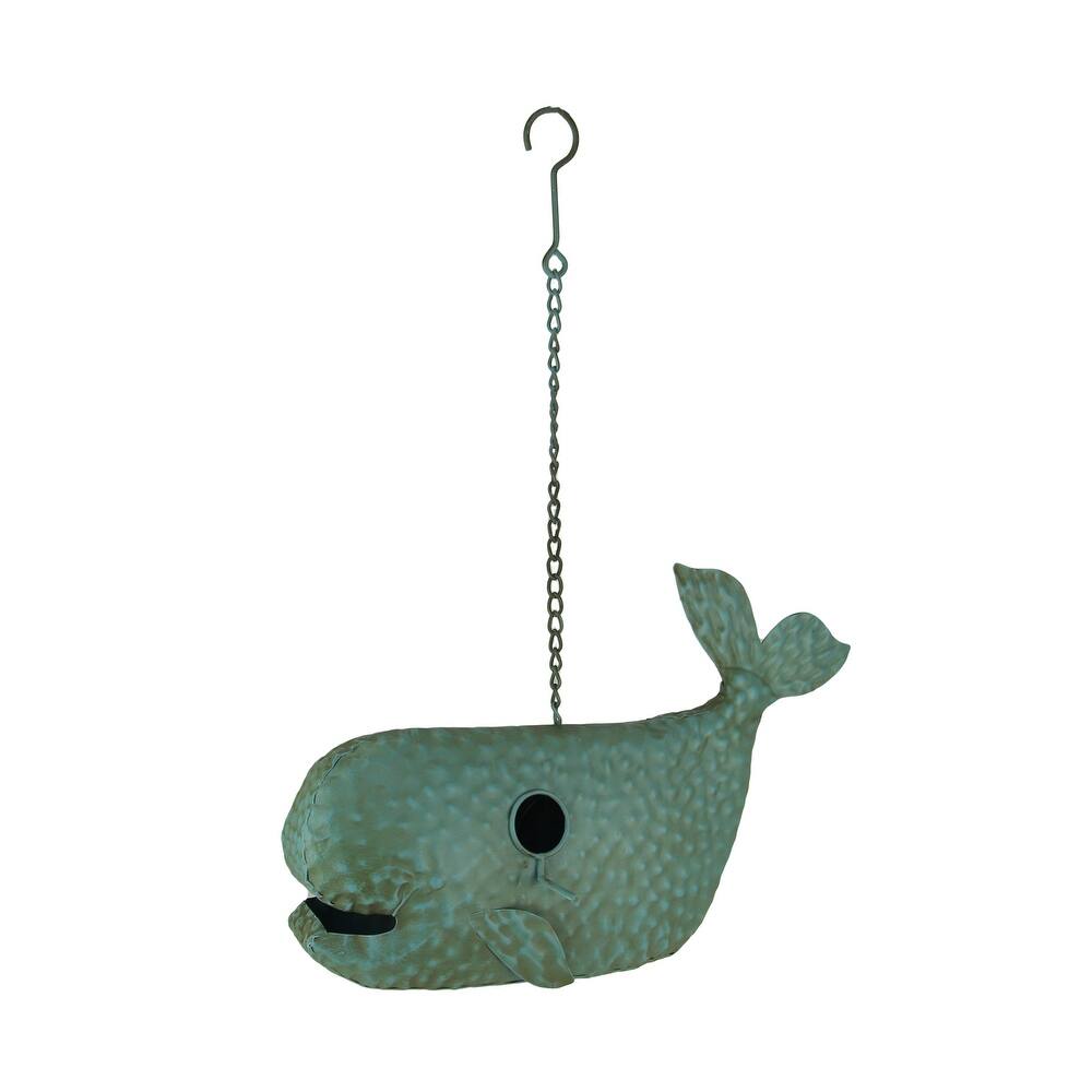 Blue Metal Art Dimpled Whale Shape Outdoor Hanging Birdhouse Sculpture   11.5 X 17 X 6 inches