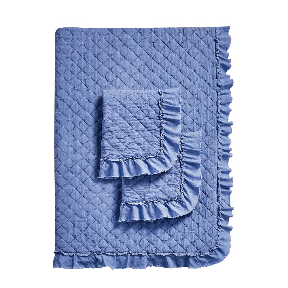 Stonewashed Super Soft Diamond Stitched with Ruffle Border Embroidered Quilt Set Blue