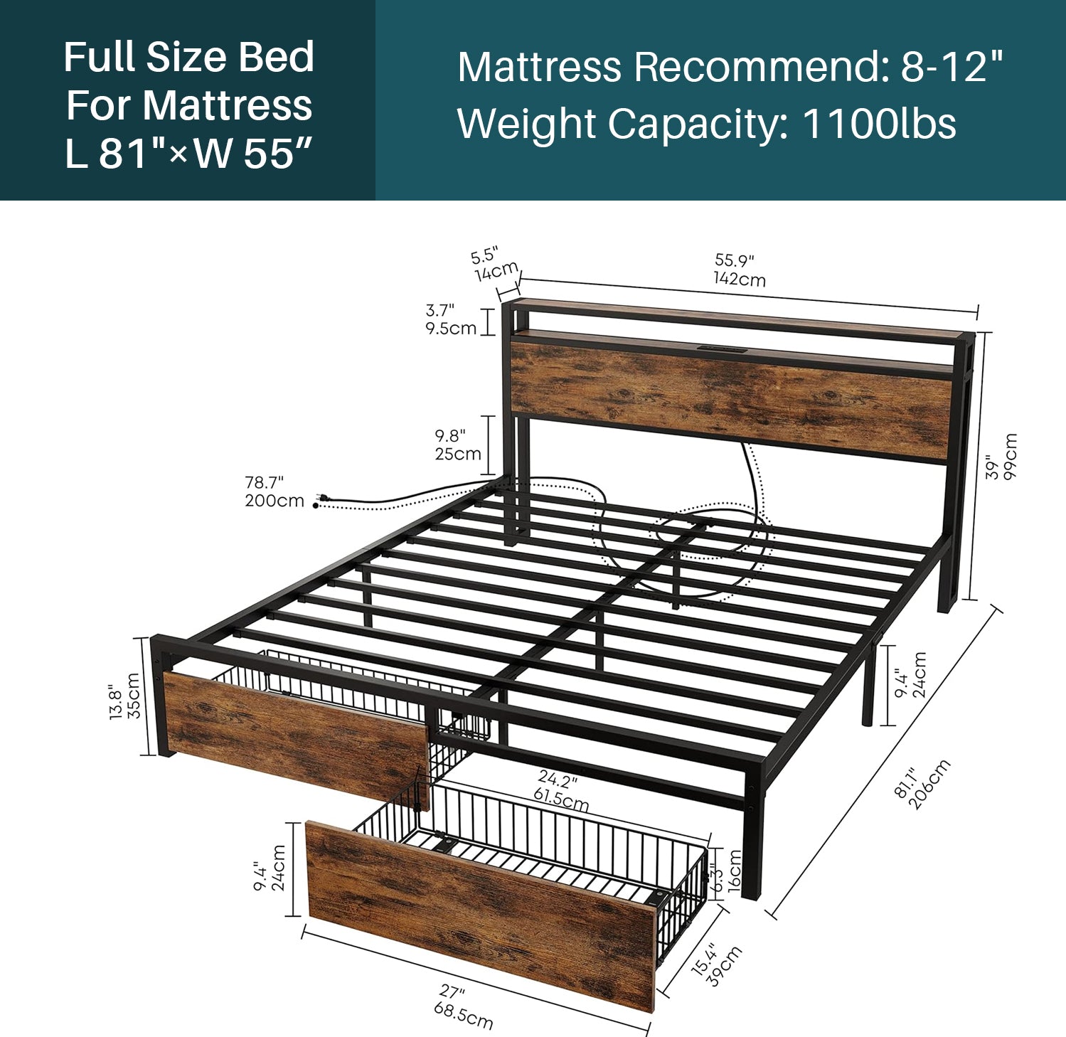 Bed Frame with Storage Headboard Platform Bed with Drawers and Charging Station, No Box Spring Needed