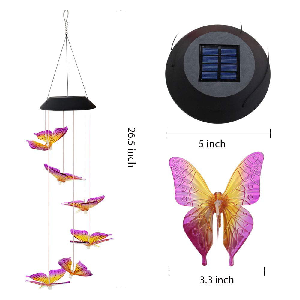 Solar Butterfly Chime Light， EpicGadget Solar Powered Color Changing LED Hanging Butterfly Wind Chime Light for Outdoor Indoor Gardening Yard Pathway Decoration (Purple Wing)