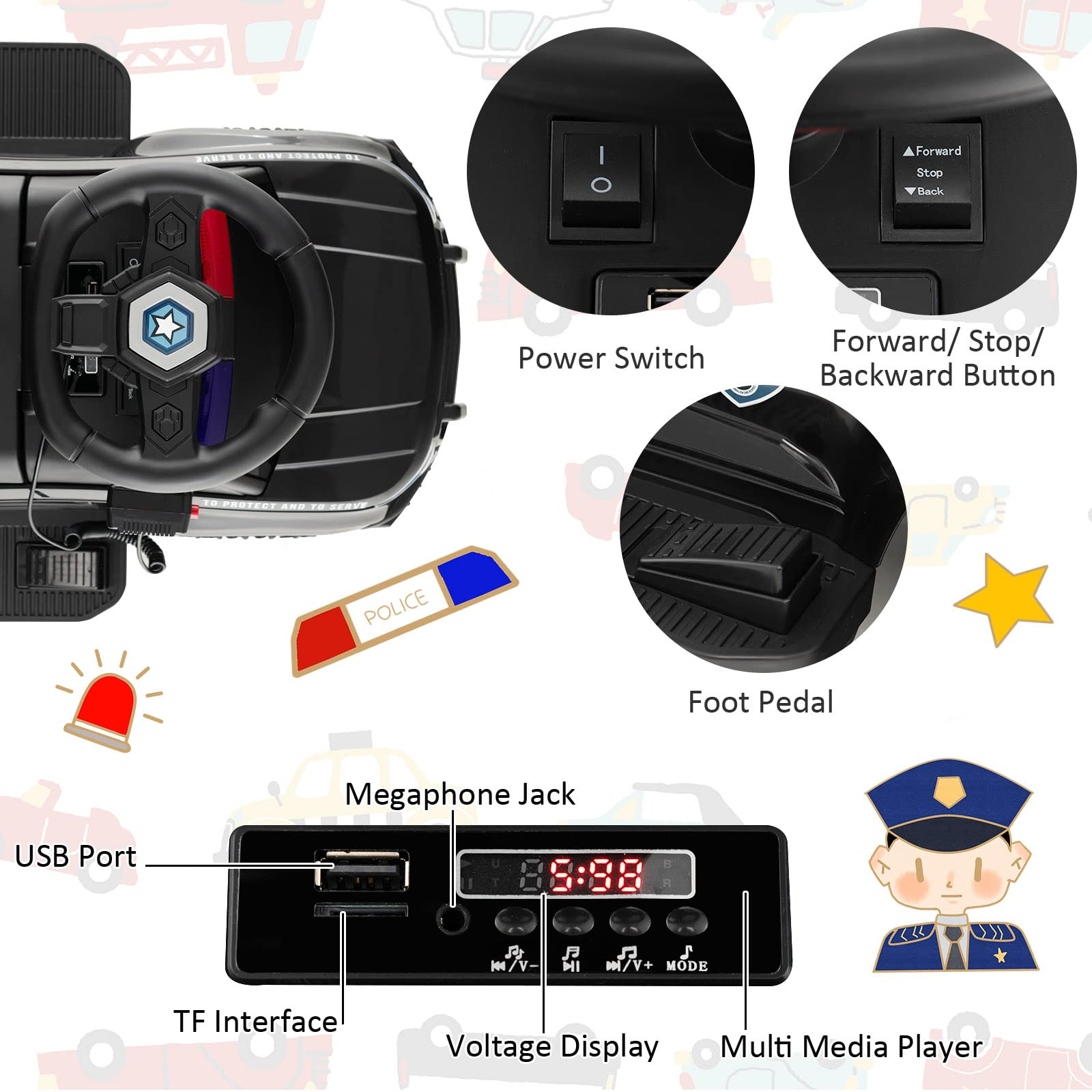 Costzon Ride on Car, 6V Battery Powered Police Car with Side Megaphone, Horn