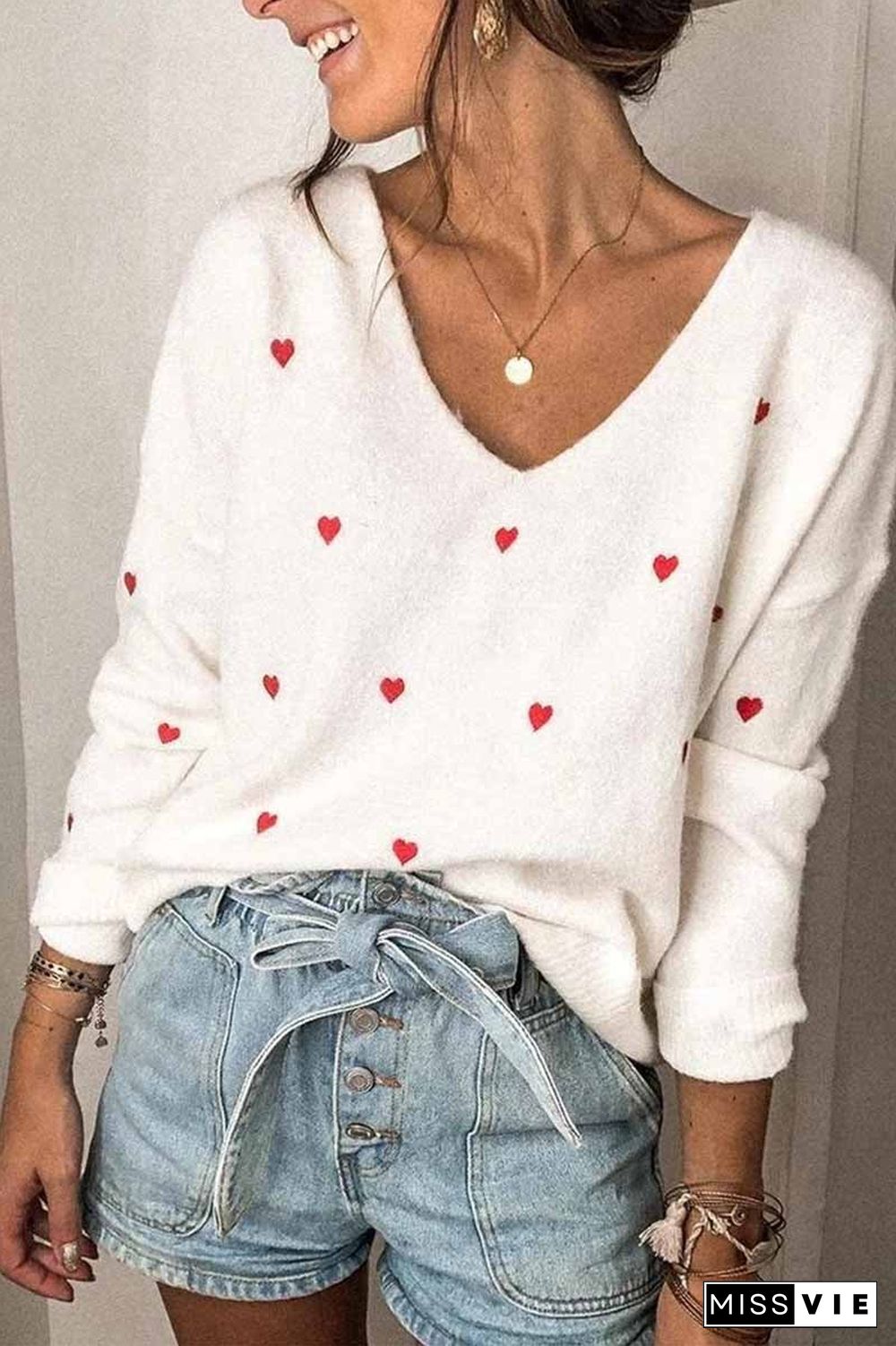 Loose V-Neck Heart-Shaped Knitted Sweater