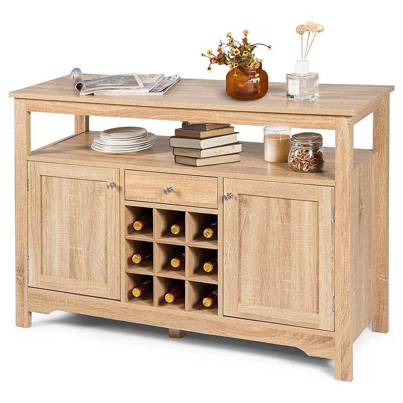 Wood Buffet Server Sideboard Console Table Utensils Organizer with 9 Wine Grids, 1 Drawer & 2 Cabinets