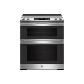 GE 30 in. 6.6 cu. ft. Slide-In Double Oven Electric Range in Stainless Steel with True Convection JSS86SPSS