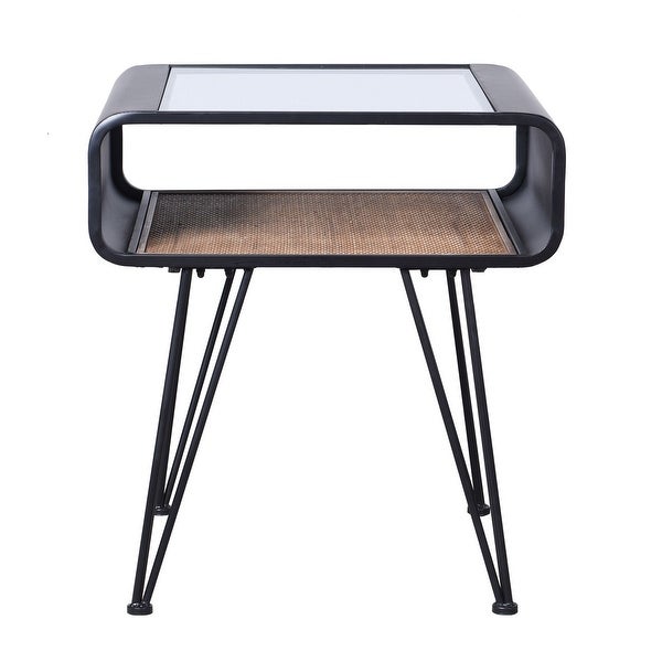 Aaron - Table - Graphite Metal， Clear Glass Top， Rattan Lower Shelf