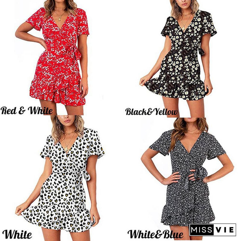 Women's Summer Short Sleeve Print Dress Wrap V Neck Polka Dot Print Ruffle Short Sleeve Mini Floral Dress Casual Short Dresses with Belt