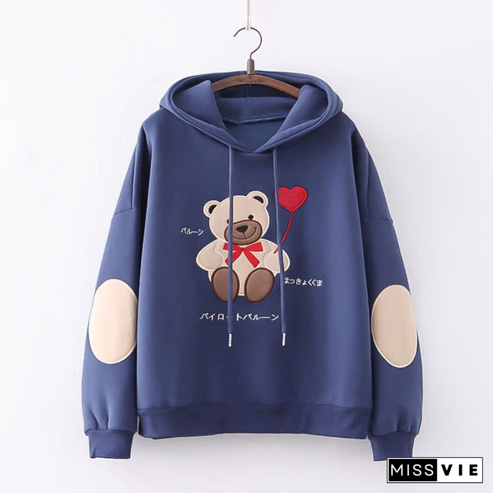 Cartoon Bear Embroidery Loose Plush Hoodie