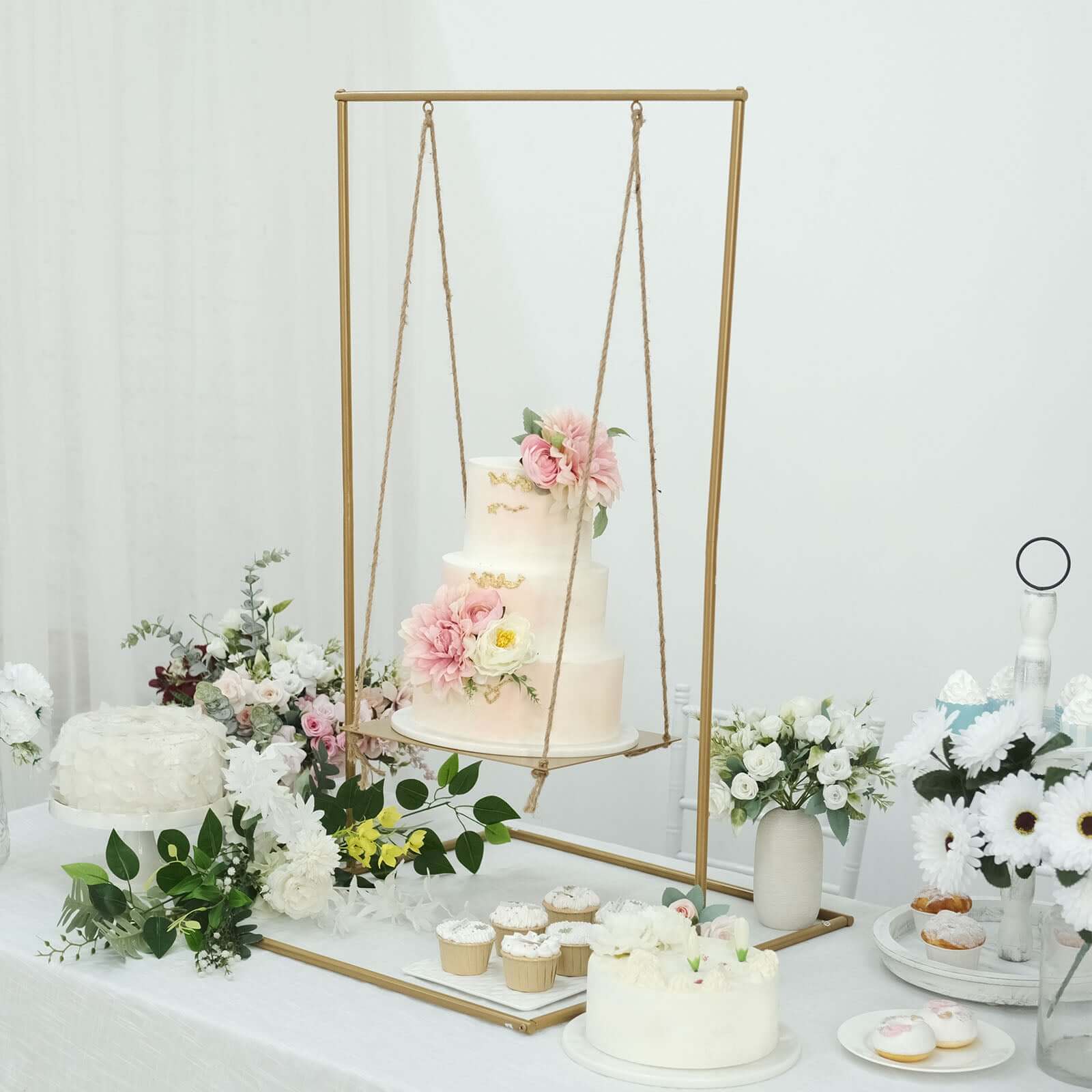 Gold Metal Hanging Dessert Display Centerpiece with Jute Rope, Cake Stand Swing 3ft Tall