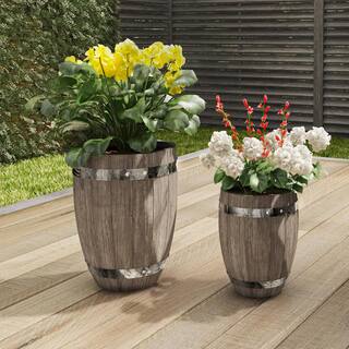 Pure Garden Light-Weight Fiber Clay Whiskey Barrel Planter Flower Pots-13 in. and 9.4 in. Diameter (Set of 2) 50-T227